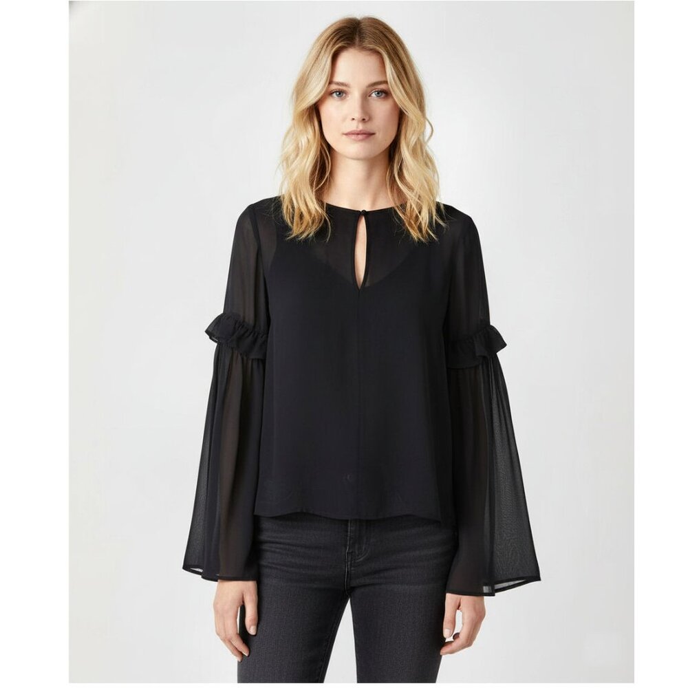 Lush Ruffle Bell Sleeve Blouse, Sheer, Navy Blue, Size Small NWT